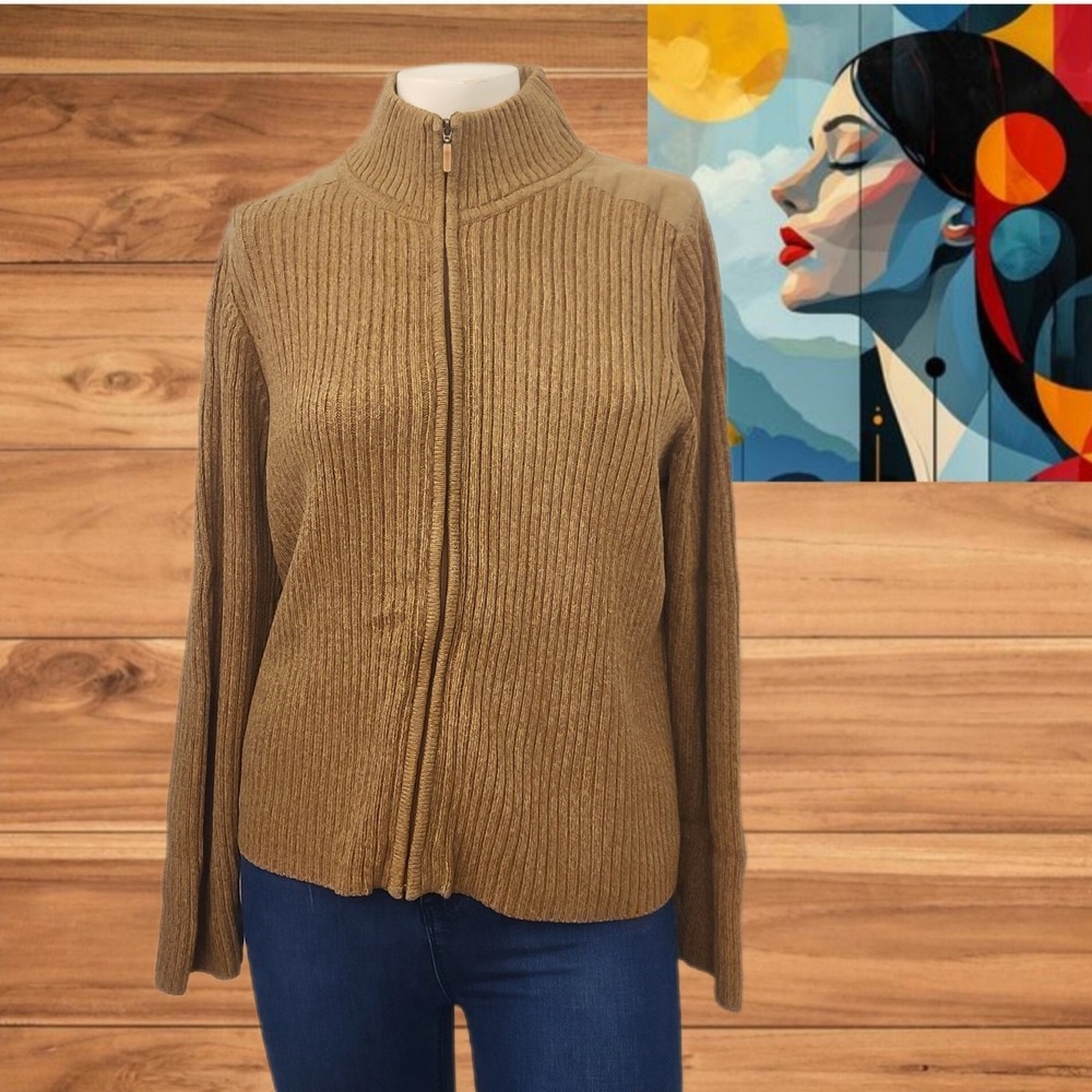 Liz Claiborne‎  Women's Full Zip Cable Knit Sweater Brown Sz M Petite